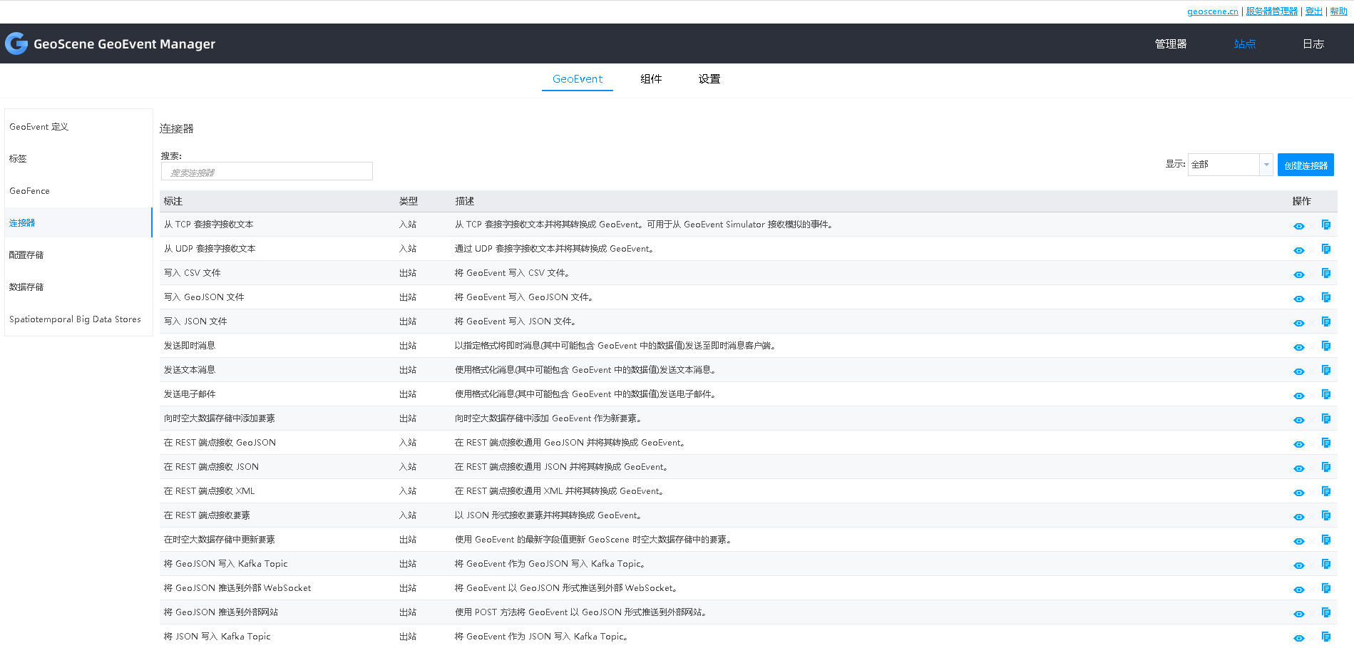 使用 GeoEvent Manager 查看、创建和管理连接器。