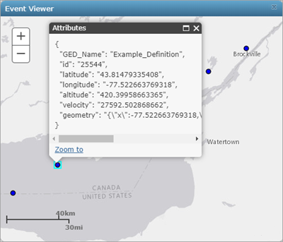 在事件查看器弹出窗口中查看的 GeoEvent 属性数据
