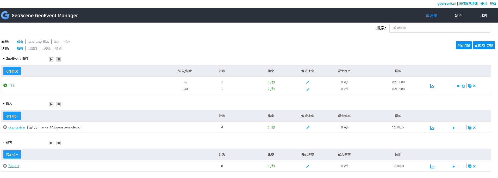 通过 GeoEvent Manager 中的“监控”页面来查看 GeoEvent 服务、输入和输出的状态并识别潜在问题，同时管理和监控事件计数和速率统计数据。