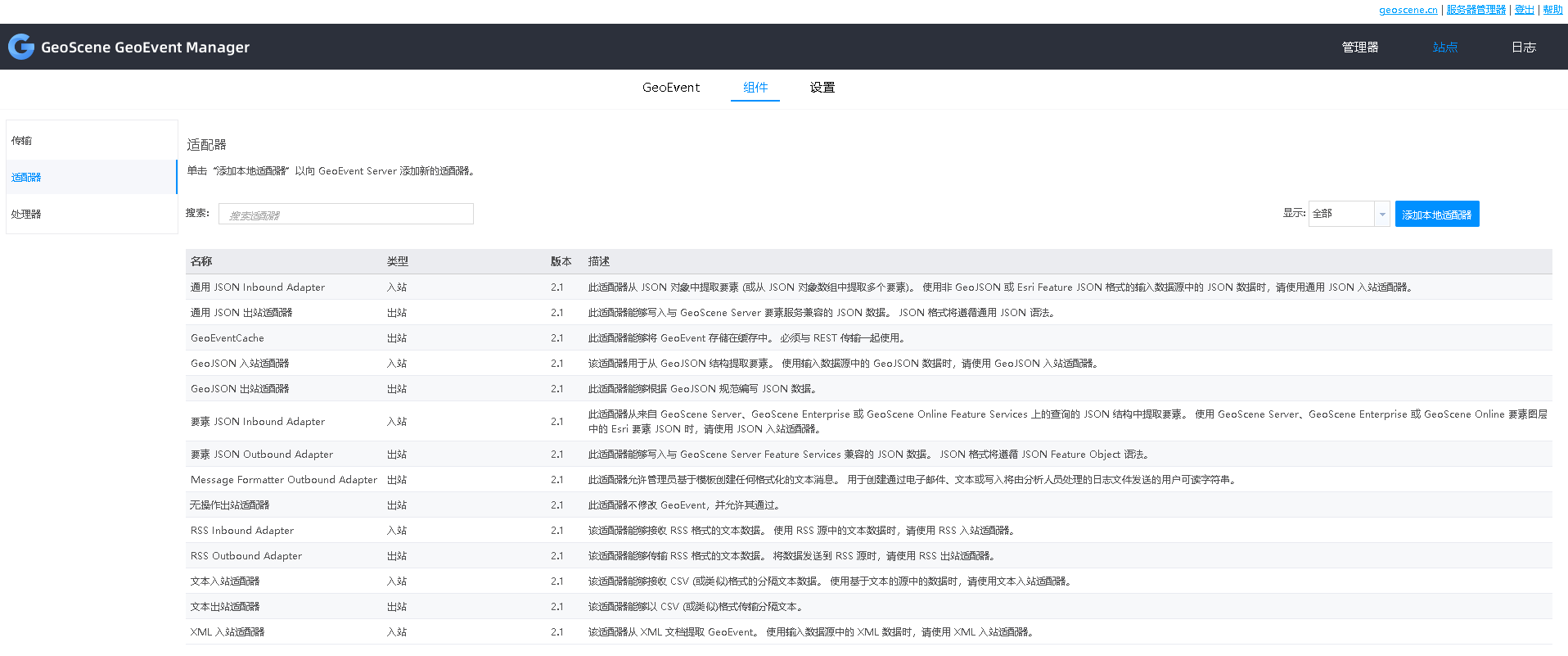 通过 GeoEvent Server 进行部署的可用适配器列表