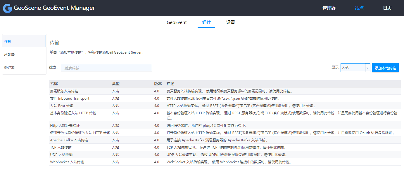 通过 GeoEvent Server 进行部署的可用传输列表